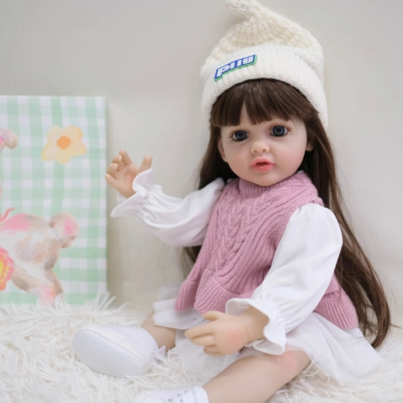 55cm Baby Girls Rebirth with Removable Costume Rebirth with Moving Arm & Leg Long Hair for Toddler Gift W3JF