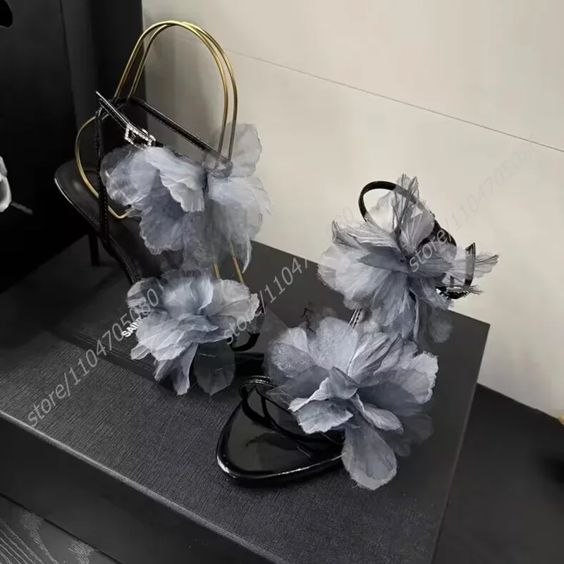 

Black Lace Tassel Big Flower Stiletto Sandals Women Open Heels Gray Ruffle Wave Elegant Open Cute Girl Belt Buckle Ankle Shoes
