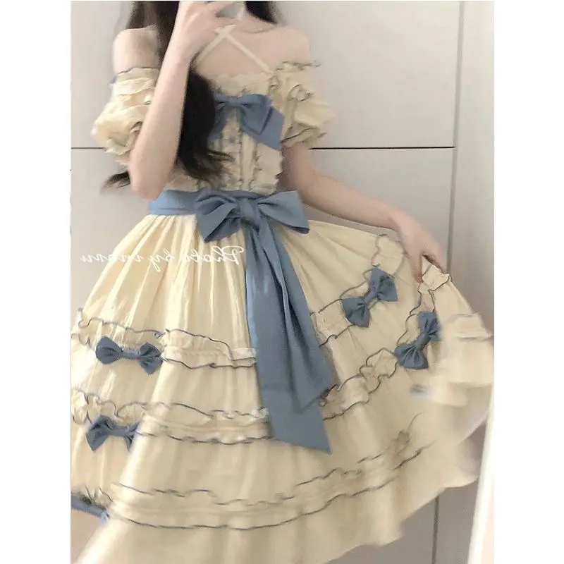 Victorian Vintage Princess Lolita Dress Elegant Sweet Bowknot Party Panel Lace Binding Bow High Waist Dress