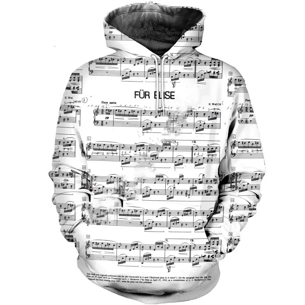 Piano Hoodie Men Cello Sheet Music Keyboard 3D Printed Novelty Lightweight Long Sleeve Trendy Cool Stylish Casual Comfy Soft Key