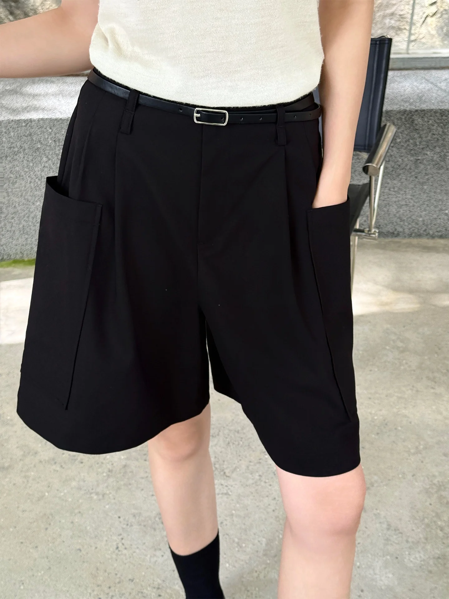 

Jieji Zhang Qi High Waist Short Pants Breathable Large Pocket Casual Wide Leg Pants Comfortable Commute Style Ladies Trousers