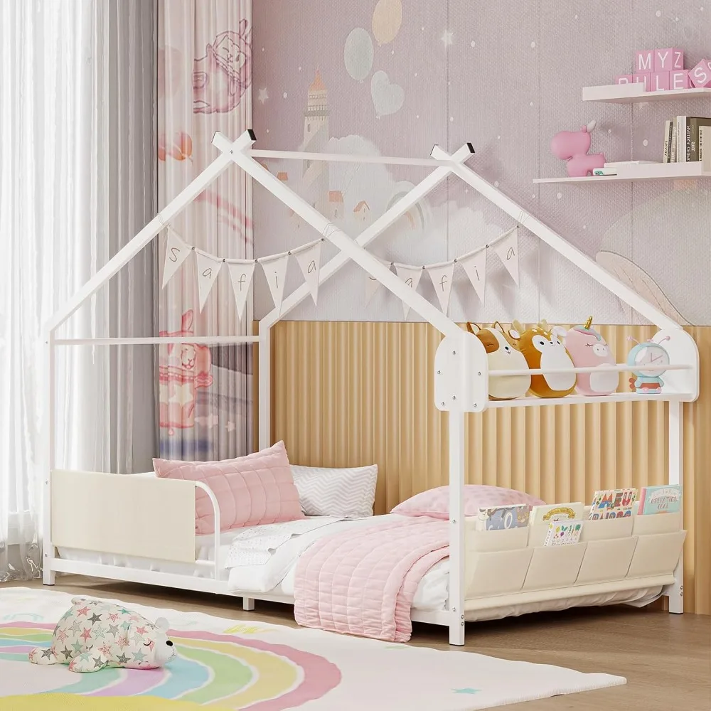 

montessori-inspired twin metal bed frame with storage and caddy for kids, no box spring needed