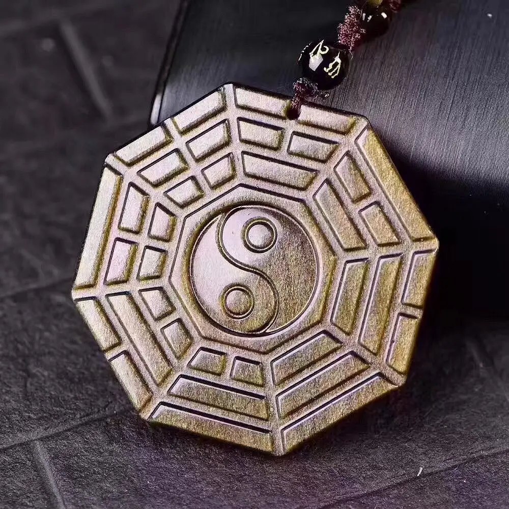 Chinese Style Yin Yang Bagua Gold Obsidian Pendant Necklace Lucky Wealth Attracting Good Fortune Protection Amulet Jewelry For