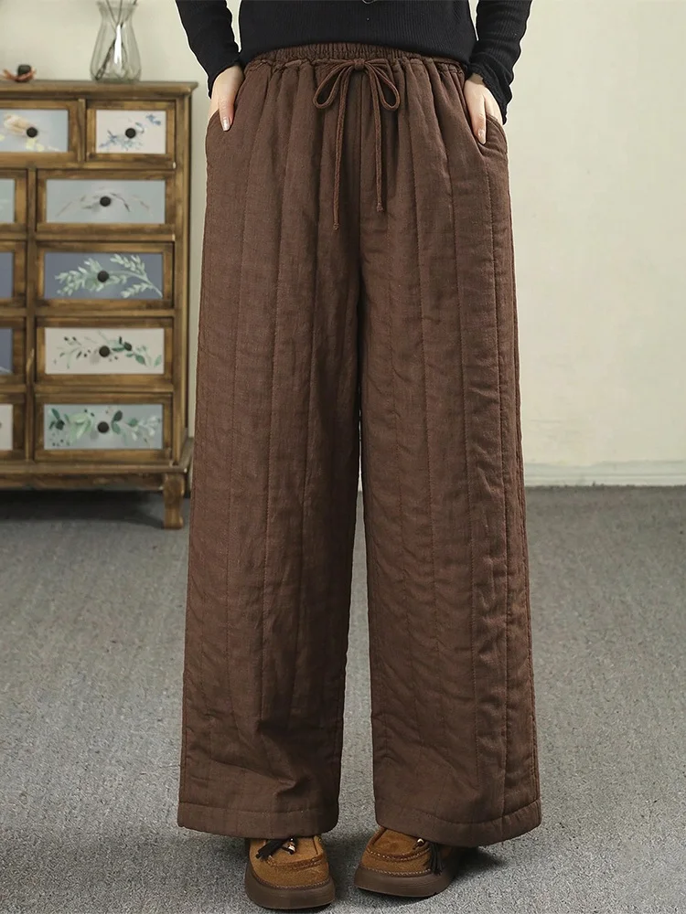 Authentic Winter 2026 Women's High Waist Wide Leg Pants Straight Cut Elastic Waist Quilted Cotton Trousers Casual Warm Style