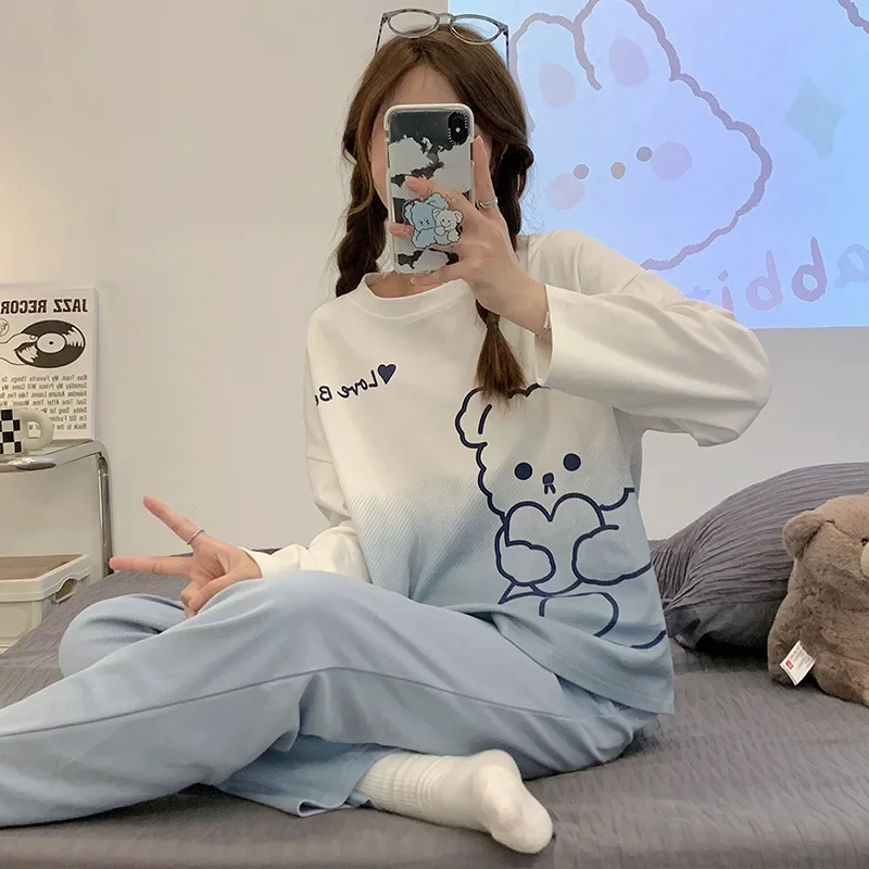 Women\'s Fall Winter Pajamas Women\'s Long-sleeved Pants Leisure Suit Women\'s Homewear Combed Cotton Cute Cartoon Homewear Suit Ms