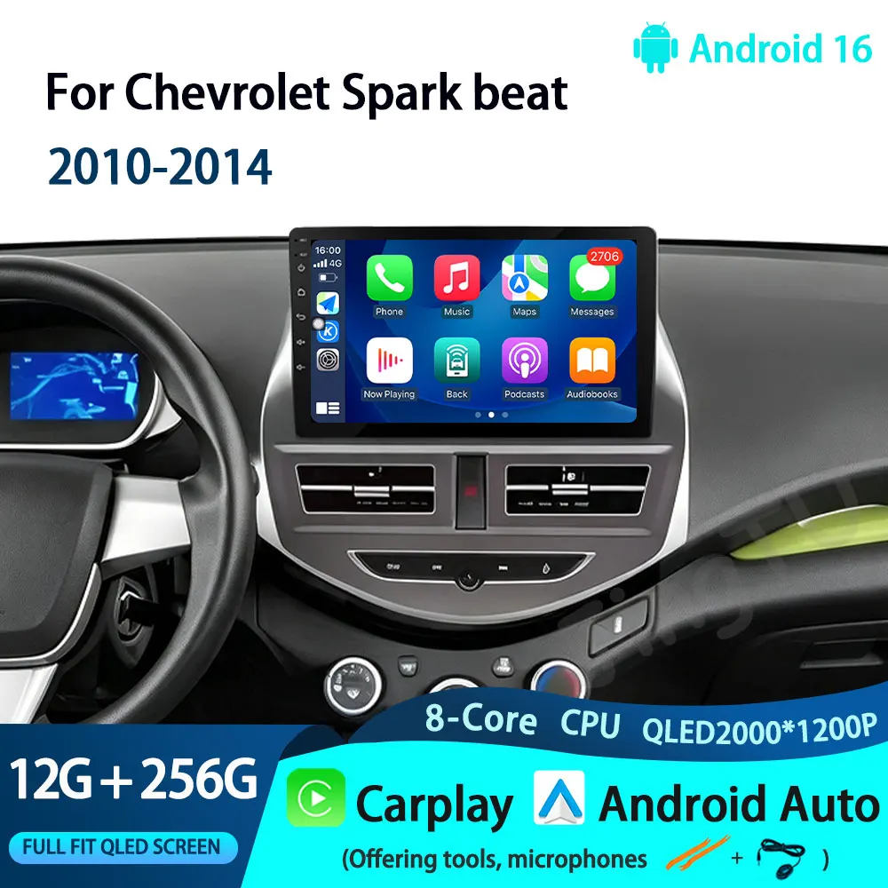 2k Screen Android 16 Wireless CarPlay For Chevrolet Spark Beat 2010 - 2014 DSP Stereo Head Unit Multimedia Video Player Auto BT