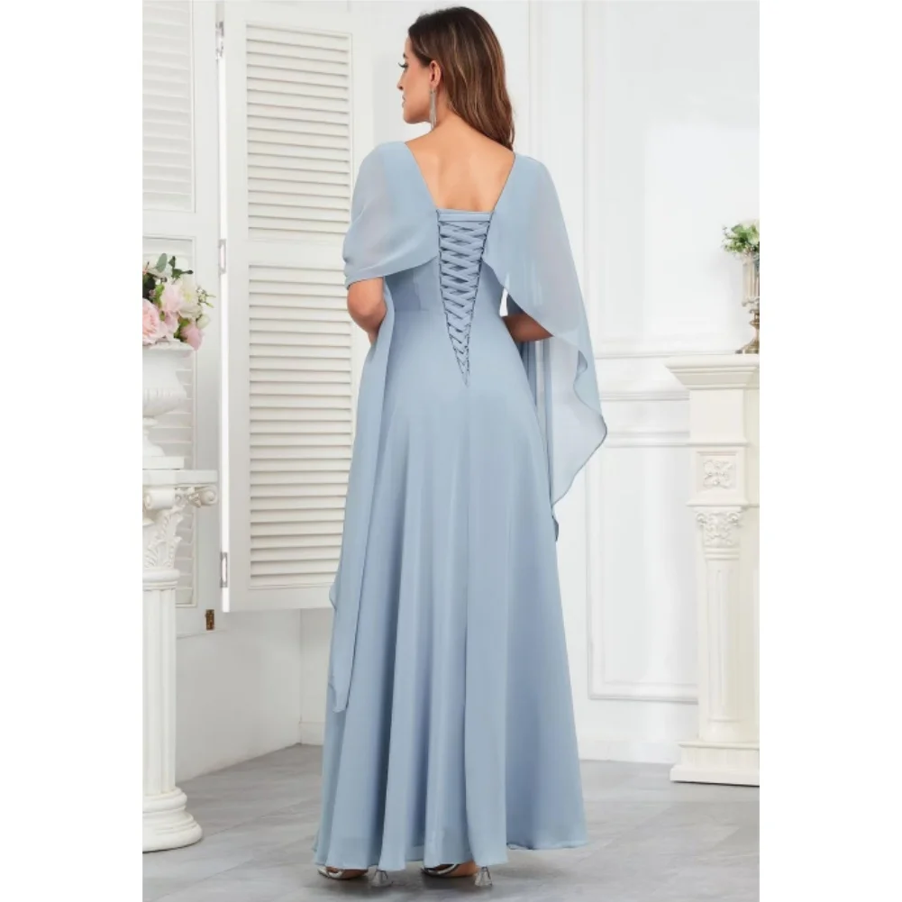 Scoop Neck Mother of The Bride Dresses Cape Shawl Ruffle Long Formal Evening Gowns Chiffon A Line Wedding Guest Bridesmaid Dress