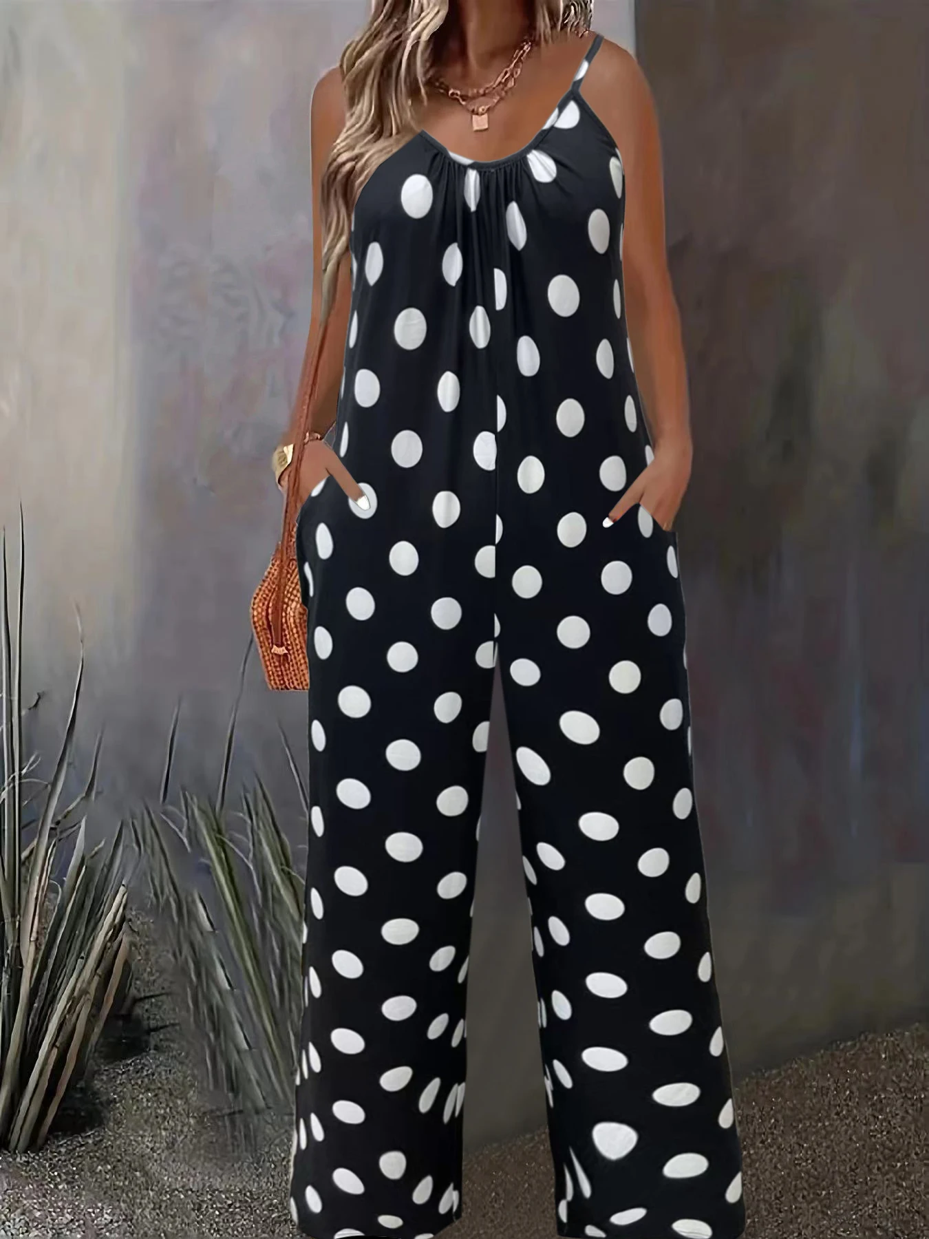 Spring and summer plus dot print round neck suspender sleeveless pocket casual jumpsuit