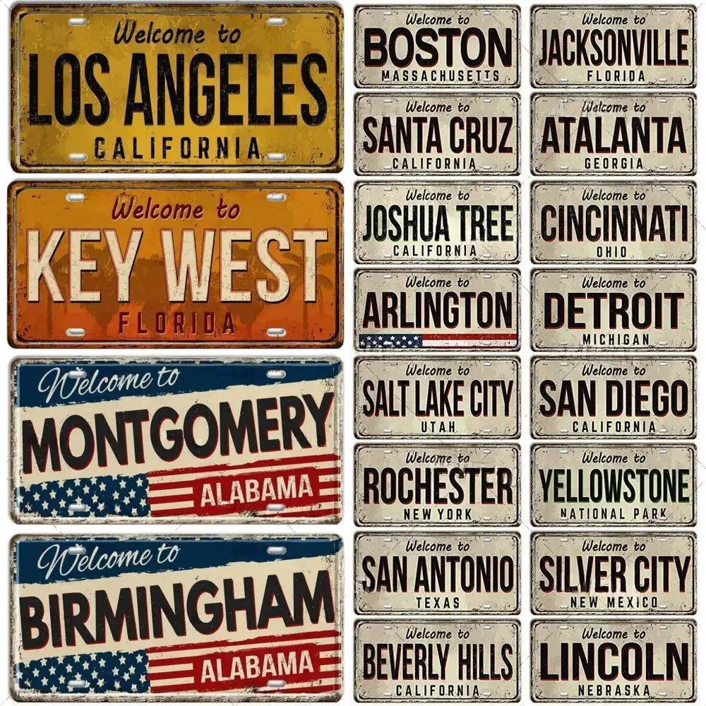 Welcome To USA City Car Plate US Landmark License Plate Decorative Metal Sign Garage Club Man Cave Bar Pub Hotel Cafe Wall Decor