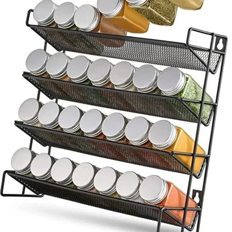 Four-Layer Black Kitchen Storage Rack Wall-Mounted Perforated Spice Organizer Cabinet Spice Bottle Sorting Shelf