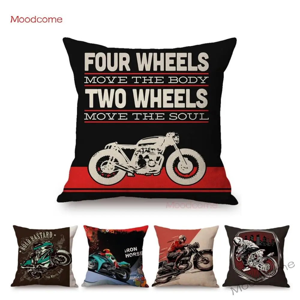 Motorcycle Art Biker Club Decoration Throw Pillow Case US Retro Letter Print Free Spirit Motorbike Cotton Linen Cushion Cover