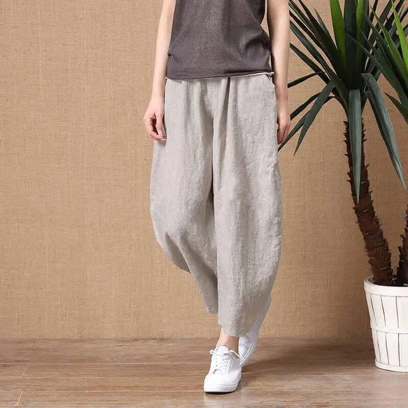 Loose Wide Leg Cotton Linen Pants High Waist Nine Points Women's plus Size Summer New Sle Casual Trousers Versatile Loose Fit