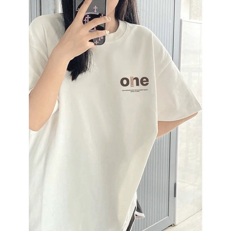 

Белая футболка из чистого хлопка ort Sve, женская летняя модная тенденция, повседневный круглый топ с принтом Ne, большой размер, европейский сле