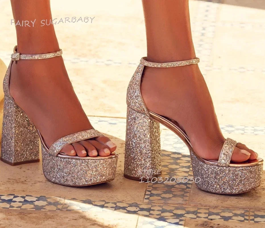 

Elegant Girl Golden Silver Satin Bling Hollow Chunky Heel Open Sandals Platform Buckle Cover Pure White Silk Wedding Women Shoes