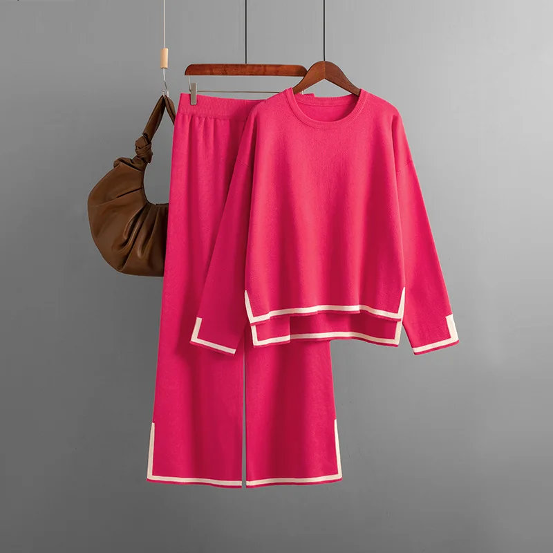 Round Neck Knit Shirt High Waist Wide Leg Pants Two-Piece Home Suit Temperament Hit Color Autumn Winter Fashion Pijamas Women