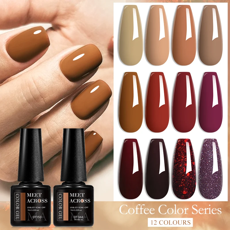 MEET ACROSS 7ml Coffee Color Series Gel Nail Polish Brown Red Crystal Glitter Soak Off UV Gel Polish Nail Art Manicure Varnishes