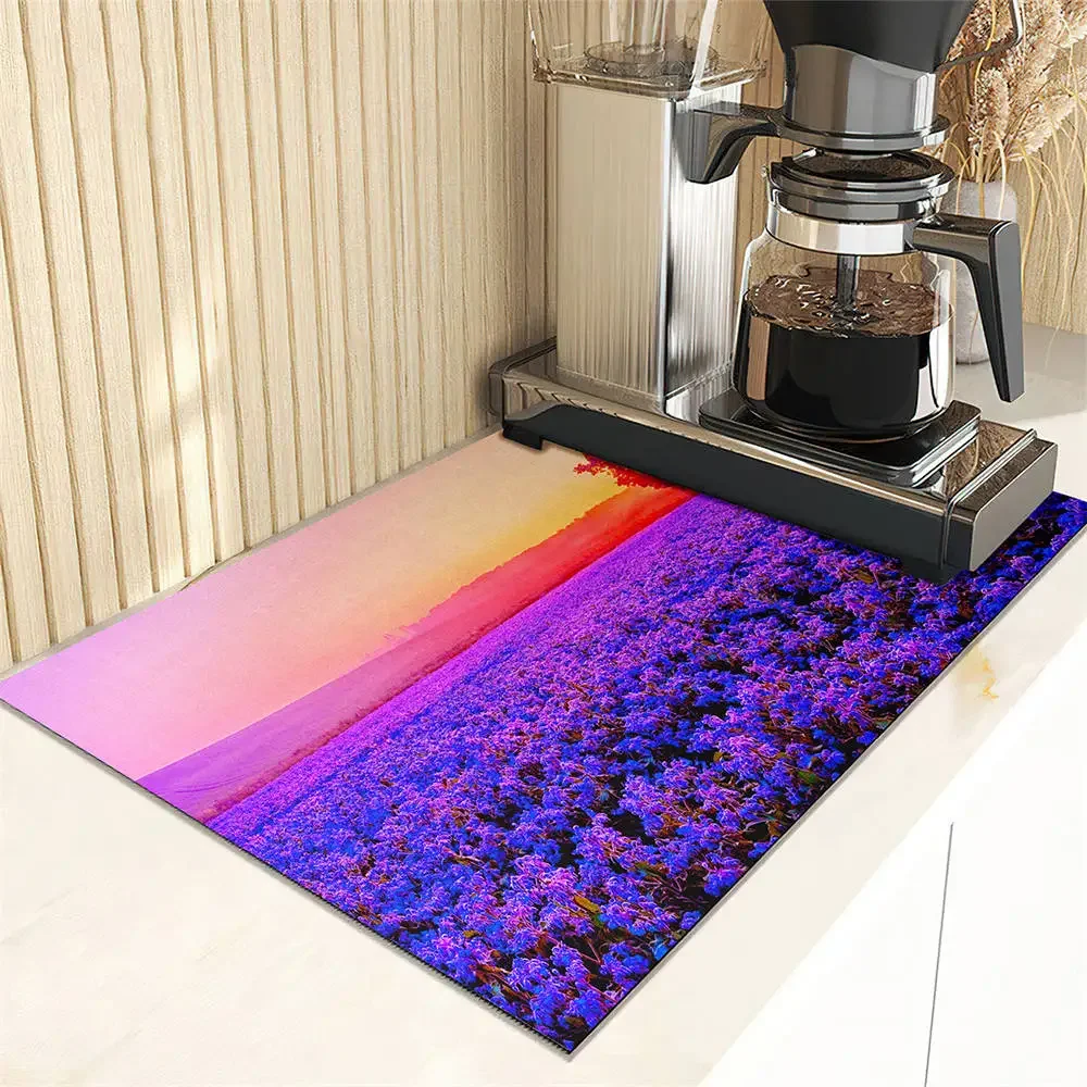 Purple Lavender Sunset Pattern Drain Pad Absorbent Dish Drying Mat Non-Slip Anti-mildew Counter Top Mat Sink Dish Draining Mat