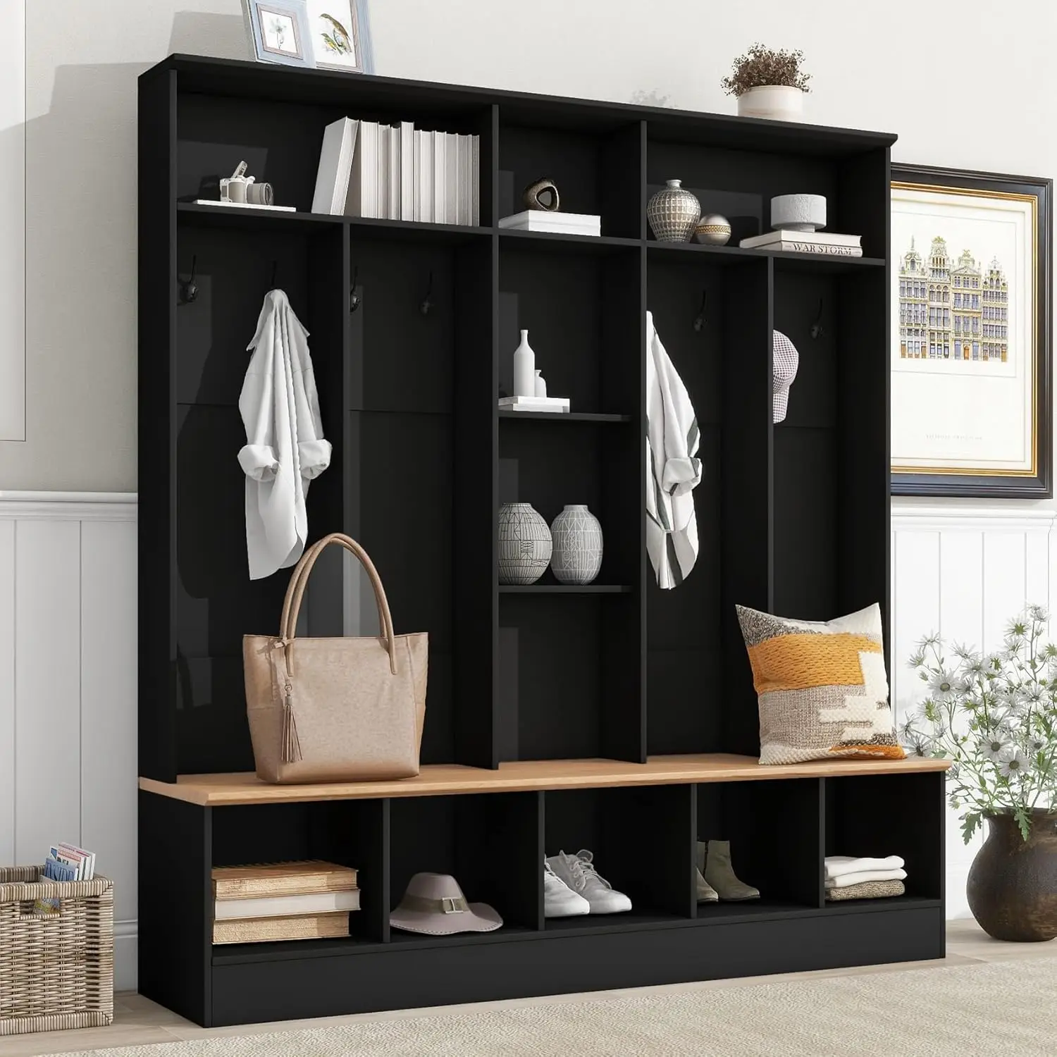 Wide Hall Tree with Shoe Storage Bench, Minimalist Entryway Organizer with Coat Rack, Cube Storage & 8 Hooks (Black).