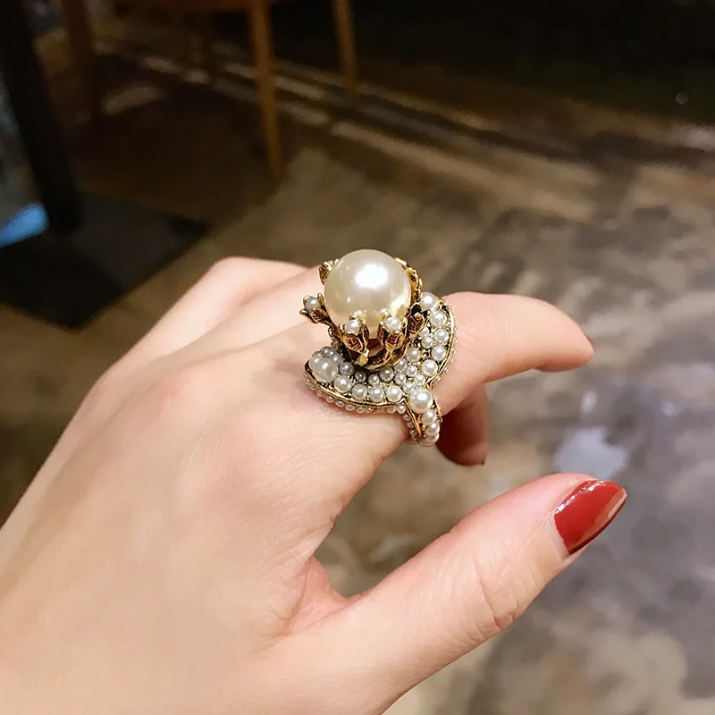 Vintage Golden Pearl Ring Jewelry for Women Party