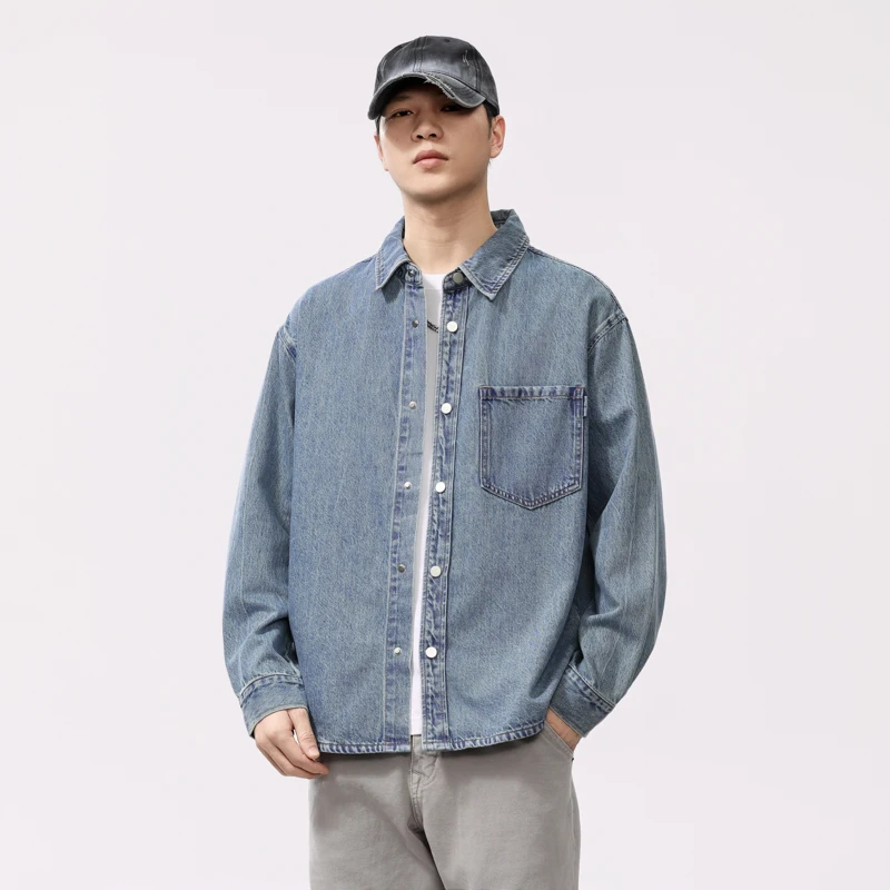 

Spring Long Sleeve Washed Denim Shirt for Men - Vintage Oversized Casual Top (Trendy Loose Fit Streetwear) Plus Size 4XL