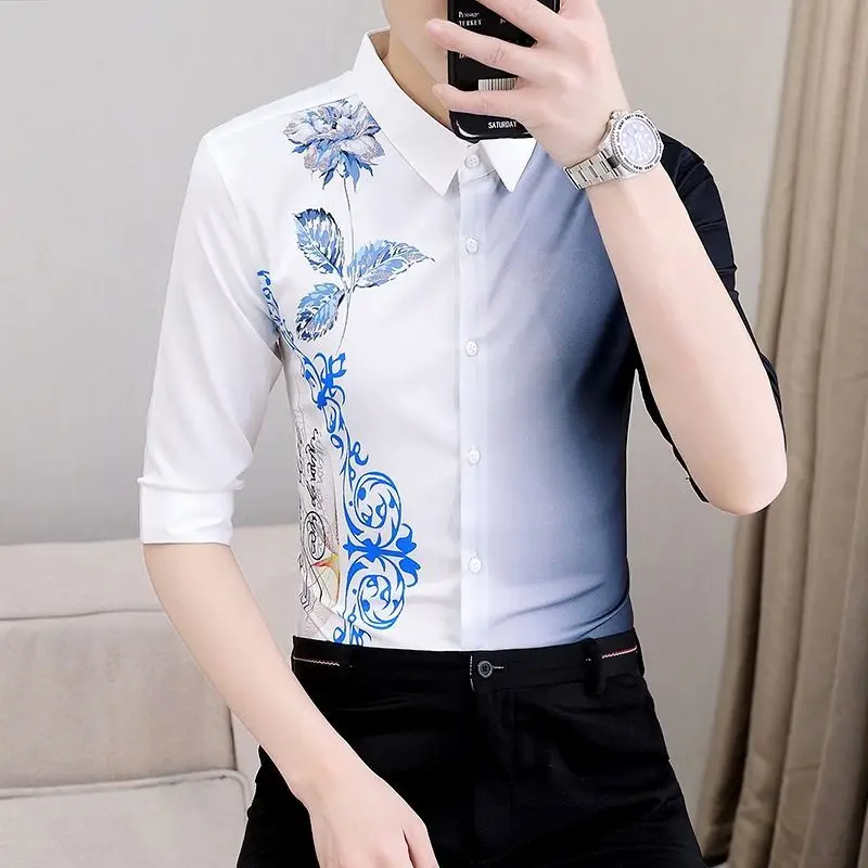 Summer KPOP Fashion Style Harajuku Slim Fit Ropa Hombre All Match Casual Shirt Square Neck Printed Button Short Sleeve Blusa