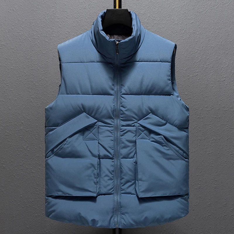 

Autumn Winter Men's Vest 2023 New Casual Zipper Warm Stand Collar Cotton Padded Sleeveless Jackets with Big Pockets