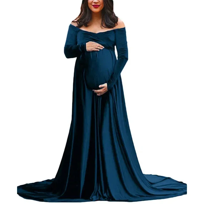 

Maternity Dresses Photoshoot Photography Props Tail Dress Velvet V-neck Off-shoulder for Pregnant Woman