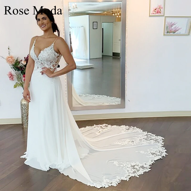 

Rose Moda Thin Straps V Neck Chiffon Wedding Dresses with Lace Cut Train Destination Bridal Gown Real Photos