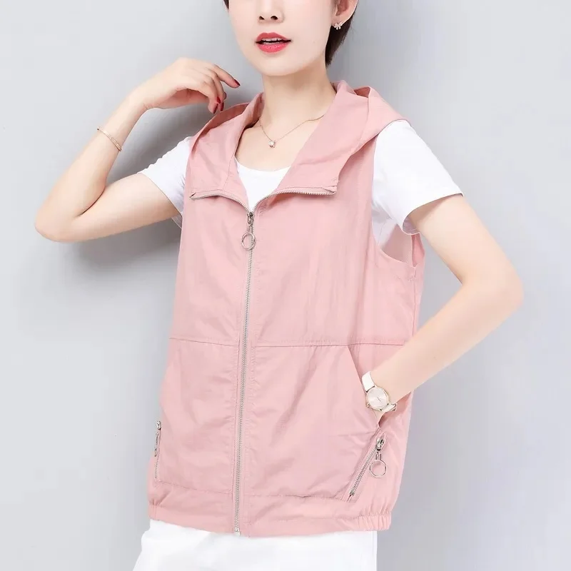 

Casual Hooded Vest Women 2023 Summer Sleeveless Short Jacket Double Fabric Pocket Zipper Waistcoat Nylon Sun Protection Chalecos