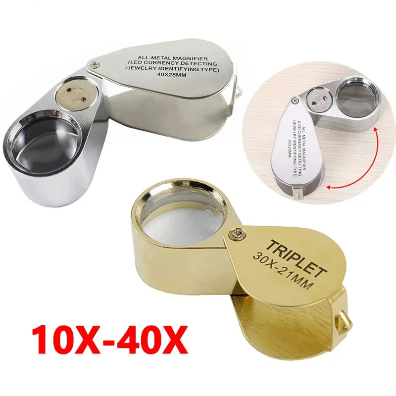 10X-40X Foldable Eye Magnifier Jewllery Loupe Magnifier Portable Metal Magnifying Glass Optical Lens for Jewelry Coins Stamps