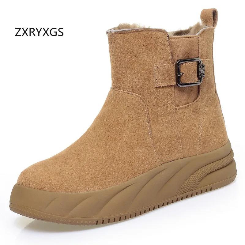 

ZXRYXGS 2025 Top Layer Matte Cowhide Wool Boots Warm Shoes Snow Boots Flat Heel Thick Sole Winter Large Size Women Boots Tide