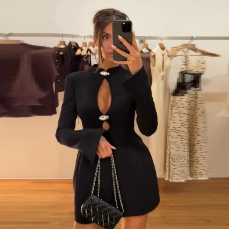 أنيقة مثير انقطاع Bodycon فستان قصير الخصر Cinching سليم صالح فساتين الإناث أنيق المألوف حفلة المرأة الخريف الزي