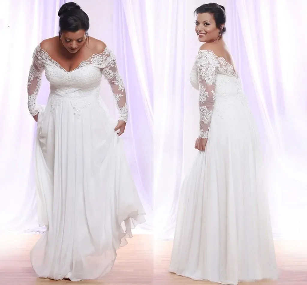 Customized Long Sleeves Plus Size Wedding Dresses V-neck Applique Beach country Wedding Gowns Off The Shoulder Bridal Gowns