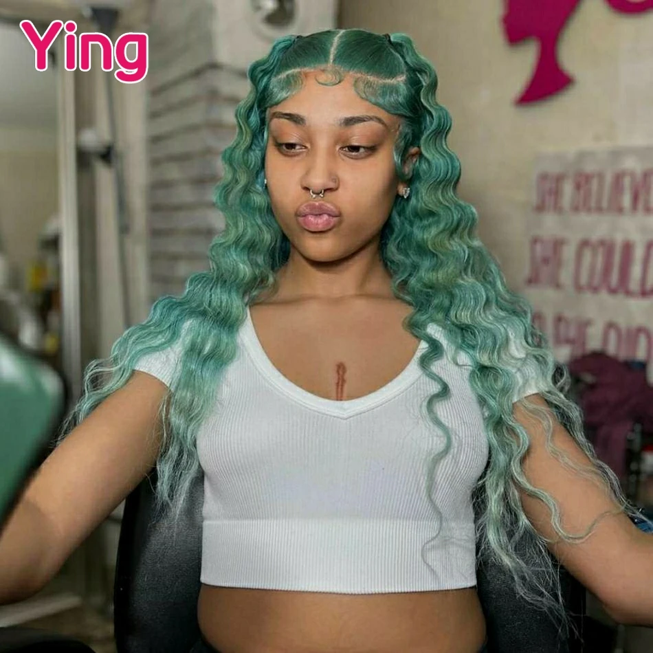 Ying Pine Green Colored Deep Wave 13x4 Lace Frontal Wig Human Hair Peruvian Remy PrePlucked With Baby Hair 13x6 Lace Front Wig