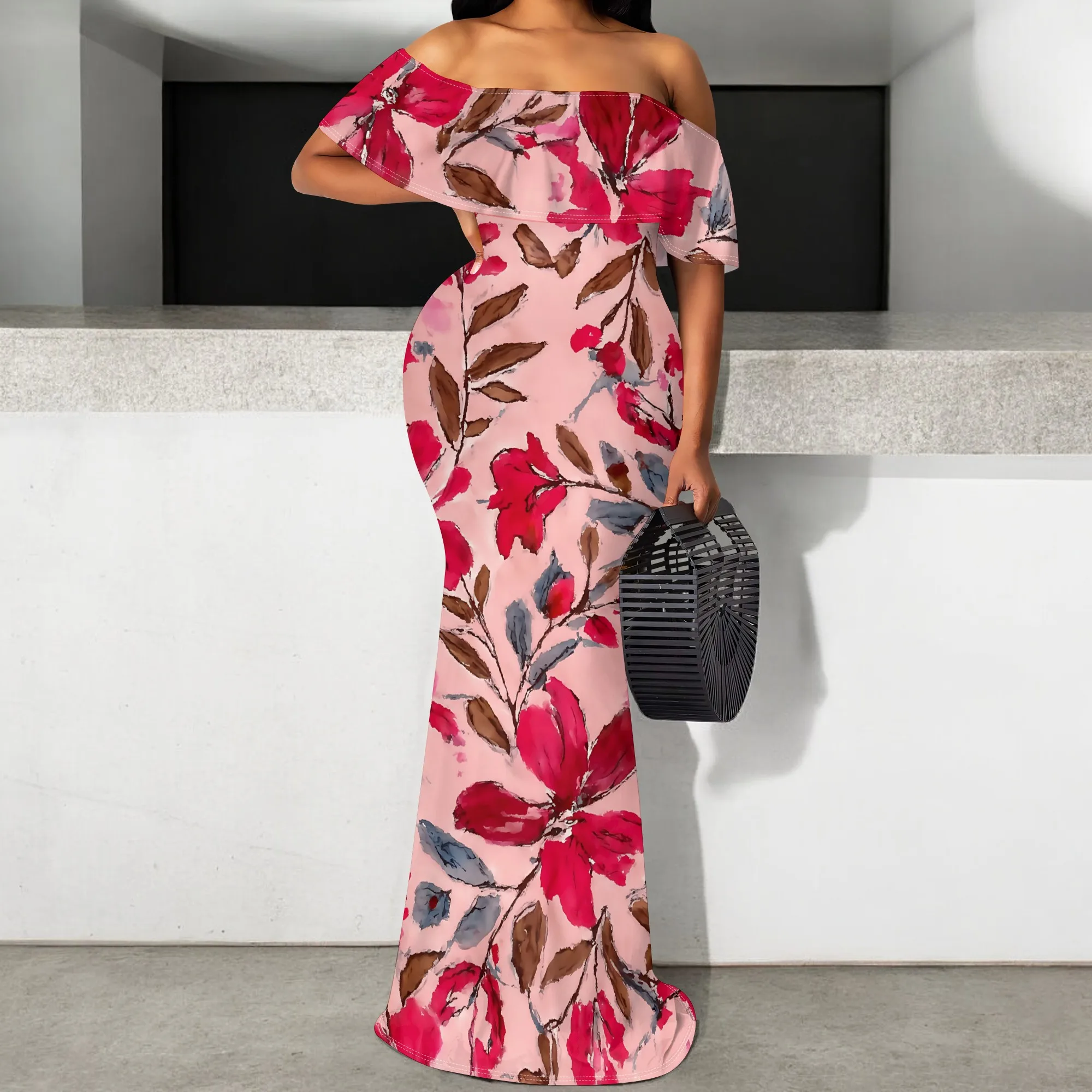 

Women's Red Floral Off Shoulder Maxi Dress 2025 New Mermaid Bodycon Long Dress Summer Wedding Party Outfit S-3XL