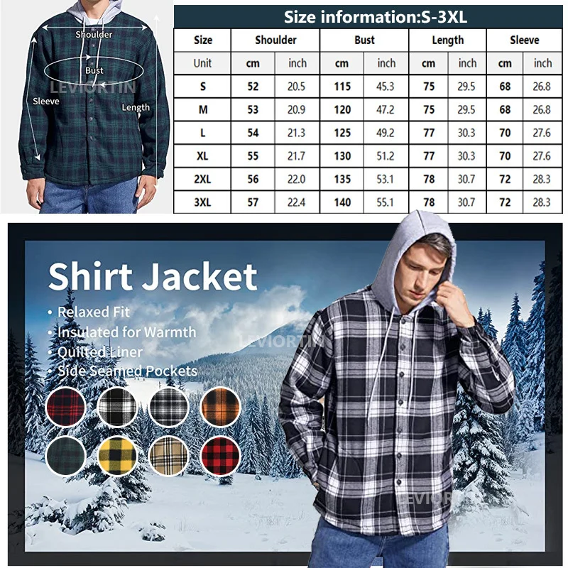 Men\'s Flannel Shirts Jacket Fleece Lined Plaid Coat Button Up Shirt Hoodie Winter Outwear