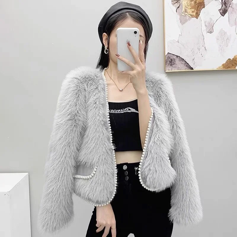 2023 Women Winter New Fox Fur Mink Hai Short Ladies Coat Pearl Long Sleeve Young Style Fashion Pink White Gray Jacket Sweet