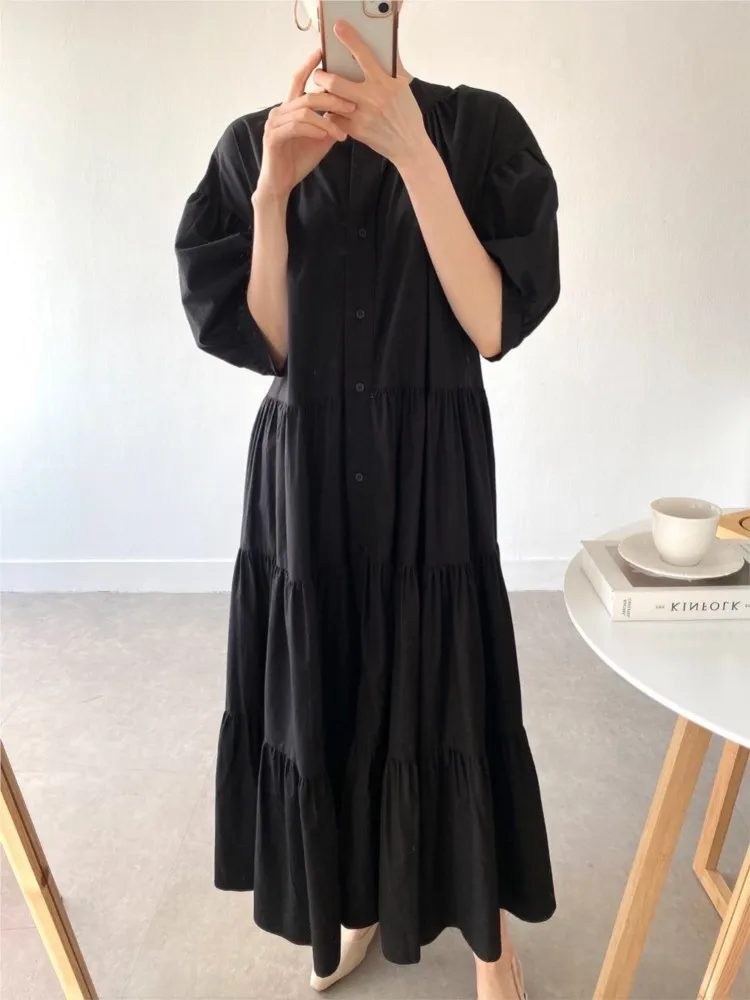 Sukienka damska letnia vintage oversize z bufiastymi rękawami, koreańska nowa, jednorzędowa, codzienna, luźna, długa sukienka damska, vestidos