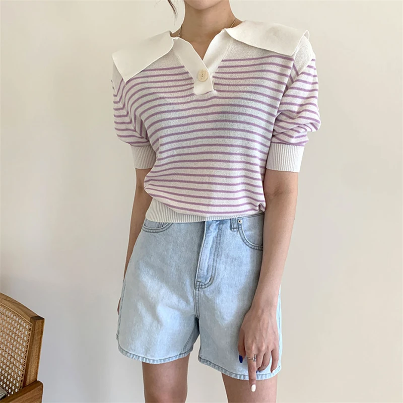 Female Fashion Short Sleeve Slim Turndown Collar Knitted Sweaters Women's Summer Striped Tops Vintage Loose All Match Pullover