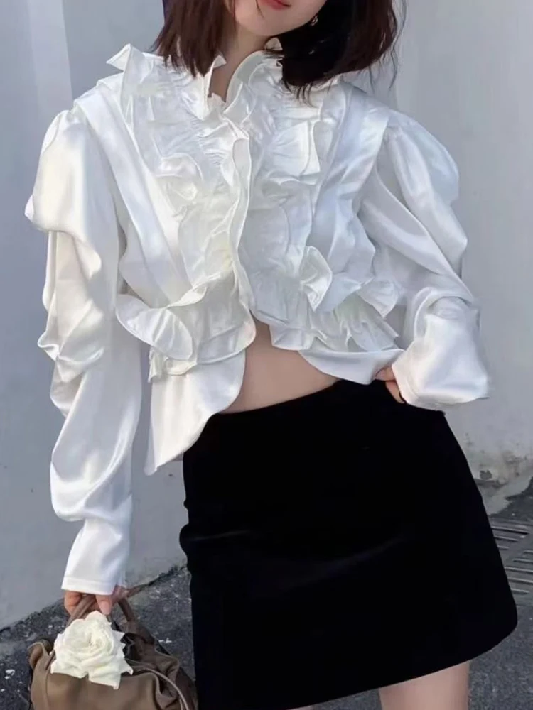 Fashion irregular ruffled shirt autumn new solid color stand collar bubble long sleeve Joker slim temperament blouse