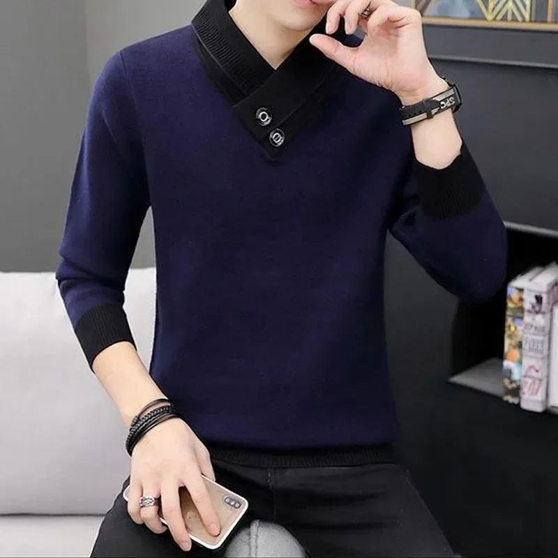 Autumn Winter Men\'s Turtleneck Thick Long Sleeve Sweaters Korean Trend Solid Color Spliced Knitted Pullovers Male Clothes Z517