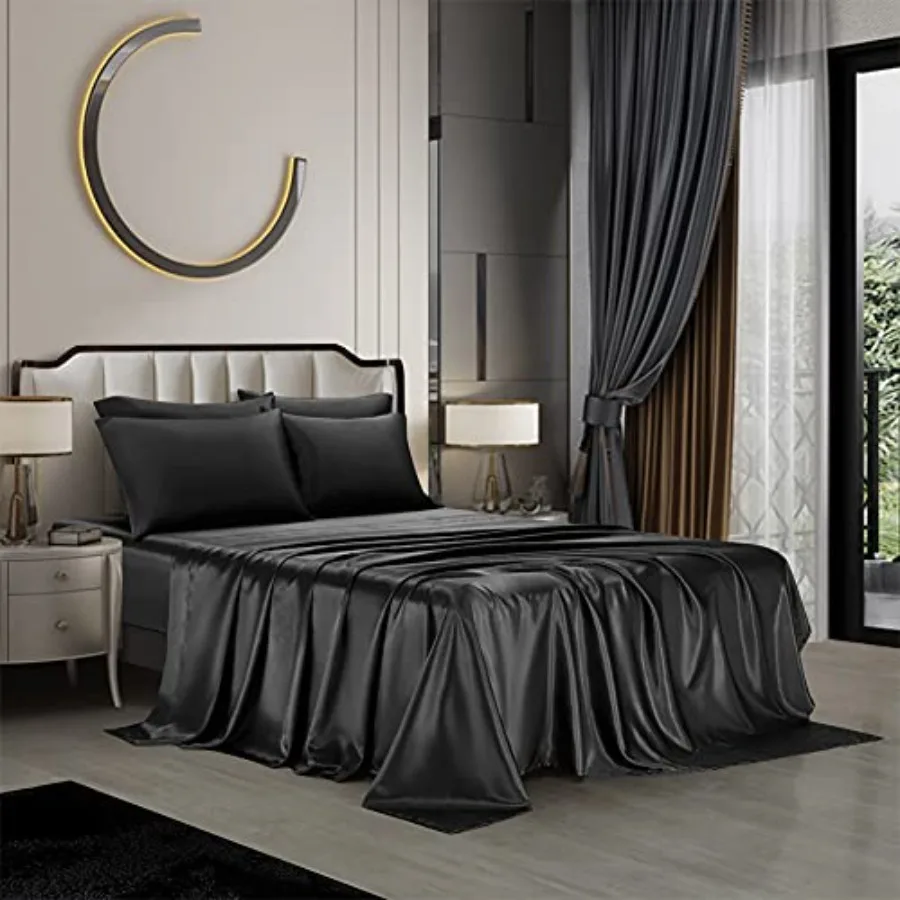 

6 Pcs Satin Bedding Sheet Set King Deep Pocket 1800 Series Luxury Rich Silk Silky Super Solid 4 Pillowcases Reversible Sexy Hon