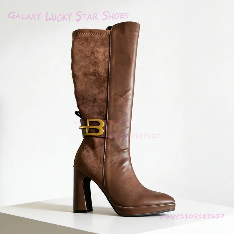 البني الجلد المدبوغ معدن إلكتروني مشبك التمهيد سترتش النساء المرقعة الأسود الركبة الجوارب حذاء بكعب سميك الفتيات الكاحل حزام التفاف الأحذية