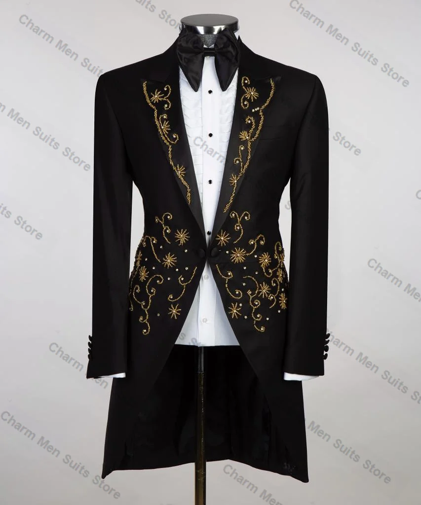 

Golden Crystals Men Suits Pants Set 2 Pcs Hi-Lo Blazer+Trousers Customized Groom Wedding Tuxedos Formal Office Prom Jacket Coat