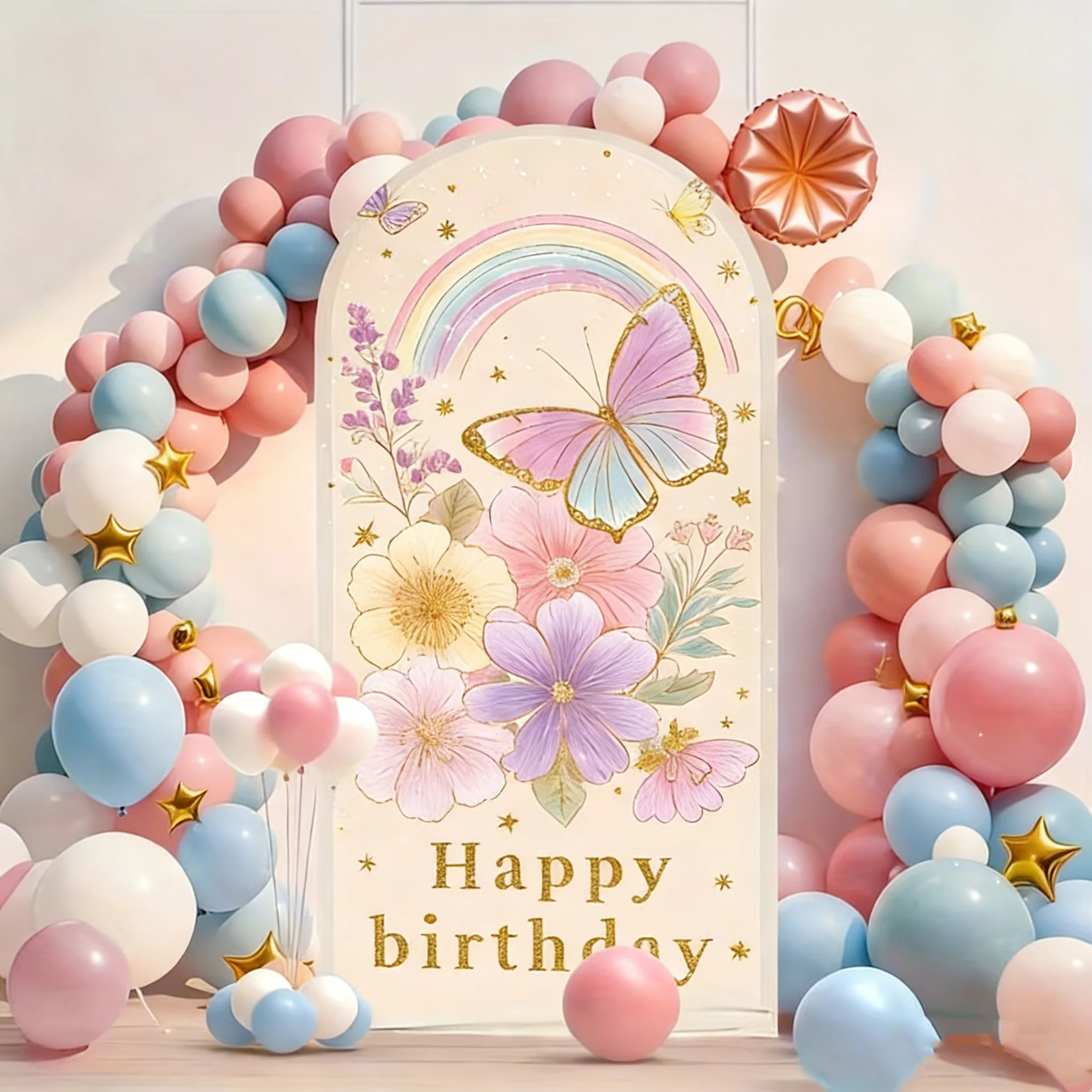 

Custom 2-sided Floral Butterflies Girl Women Happy Birthday Backdrop for Party Decorations Rainbow Flowers Arch Background