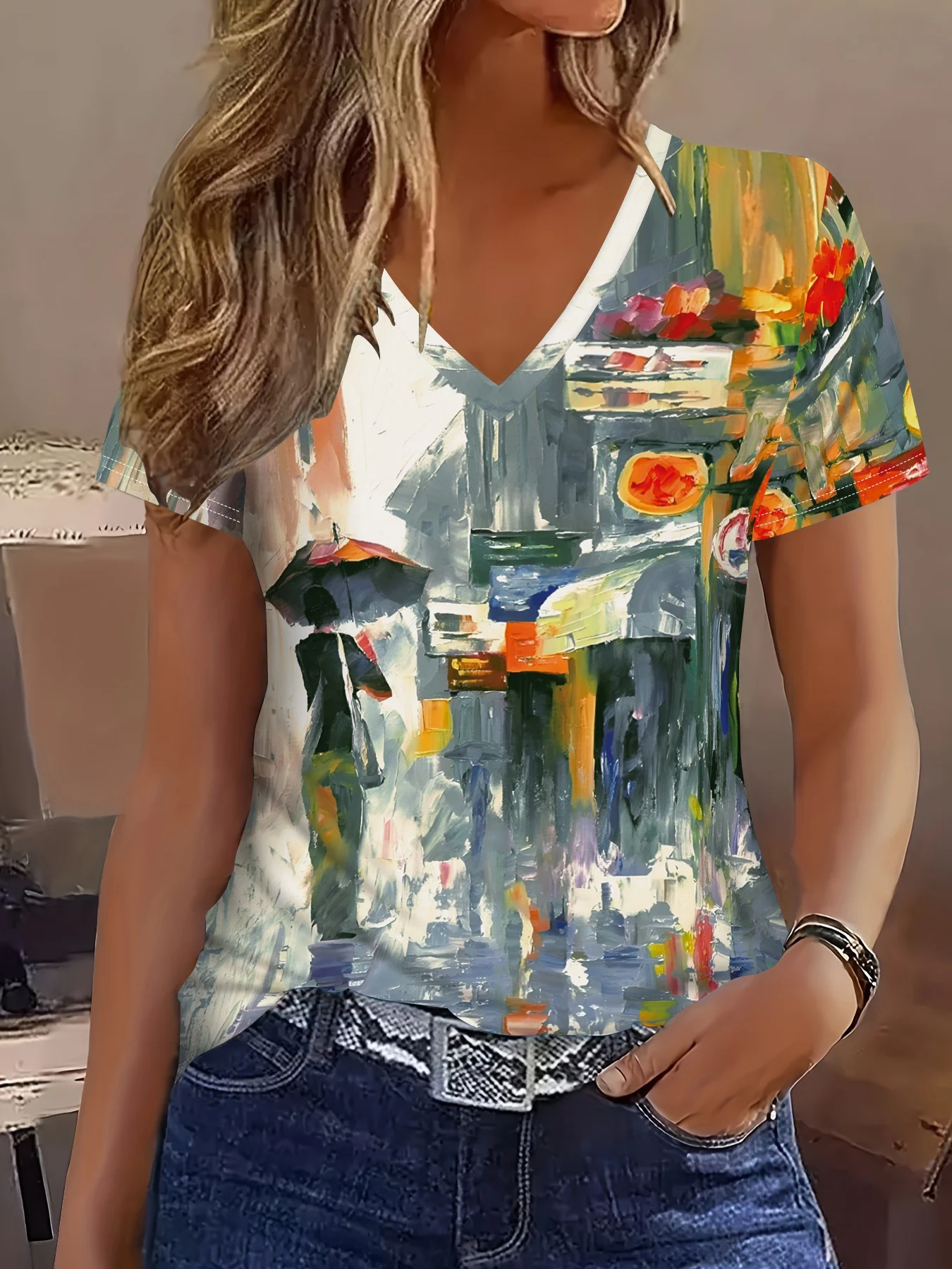 2025 New Summer Women's Oil Painting Printed T-shirt V-neck Short Sleeve Street Casual Daily Basic Tops Women's Summer Pullover