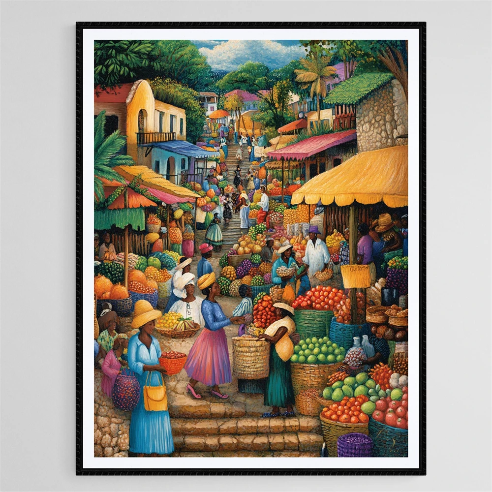 Haitian Village Art Print Colorful Caribbean Folk Culture Prints Puerto Rican Parranda Art Print Festive Caribbean Island Decor