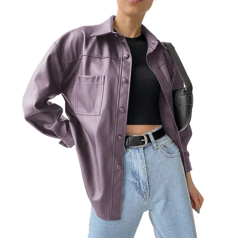 Veste en cuir PU pour femmes, Style moto, simple boutonnage, revers, chemise décontractée, nouvelle collection printemps automne