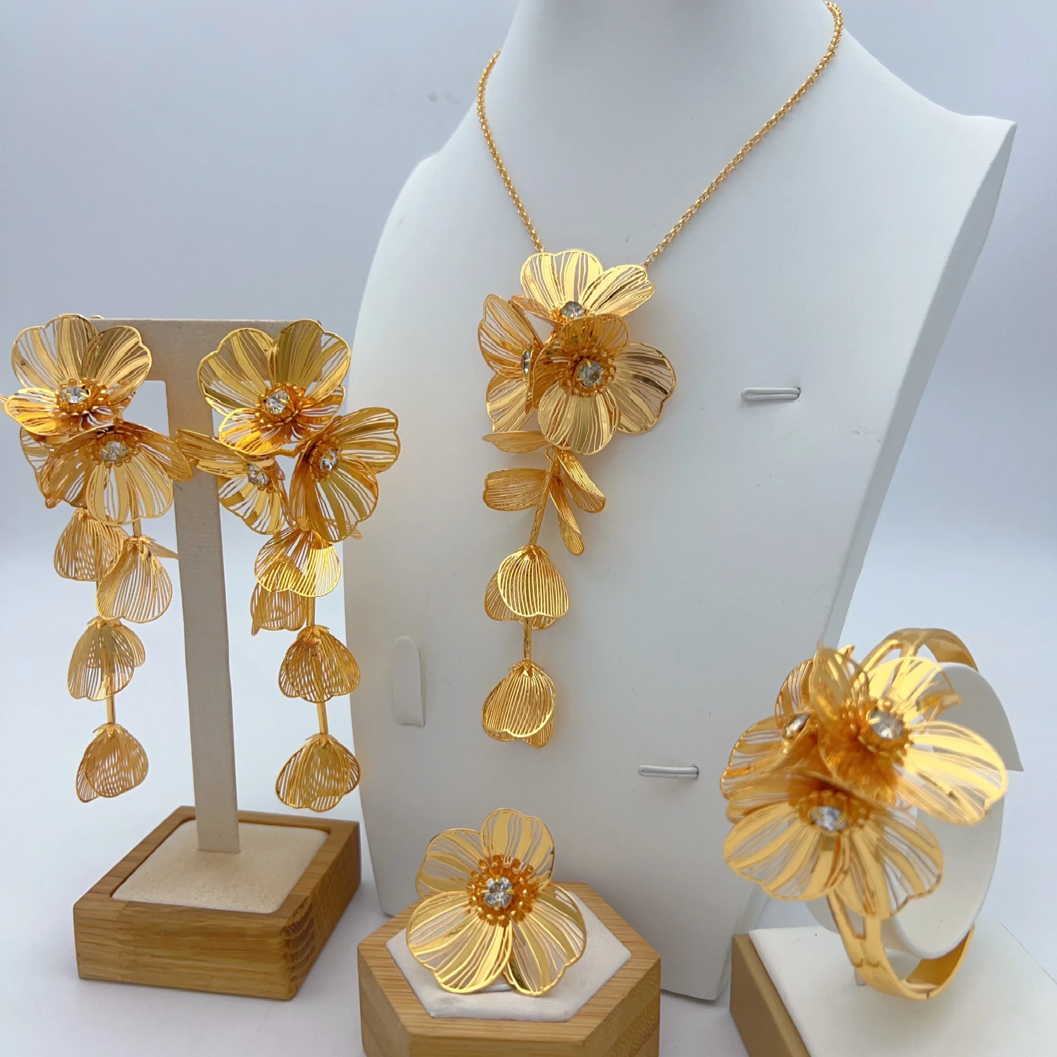 Brazilian 24K Gold Color Jewelry Sets Wedding Dubai Flower Necklace Earrings For Women Nigerian Indian Bridal Set Party Gifts