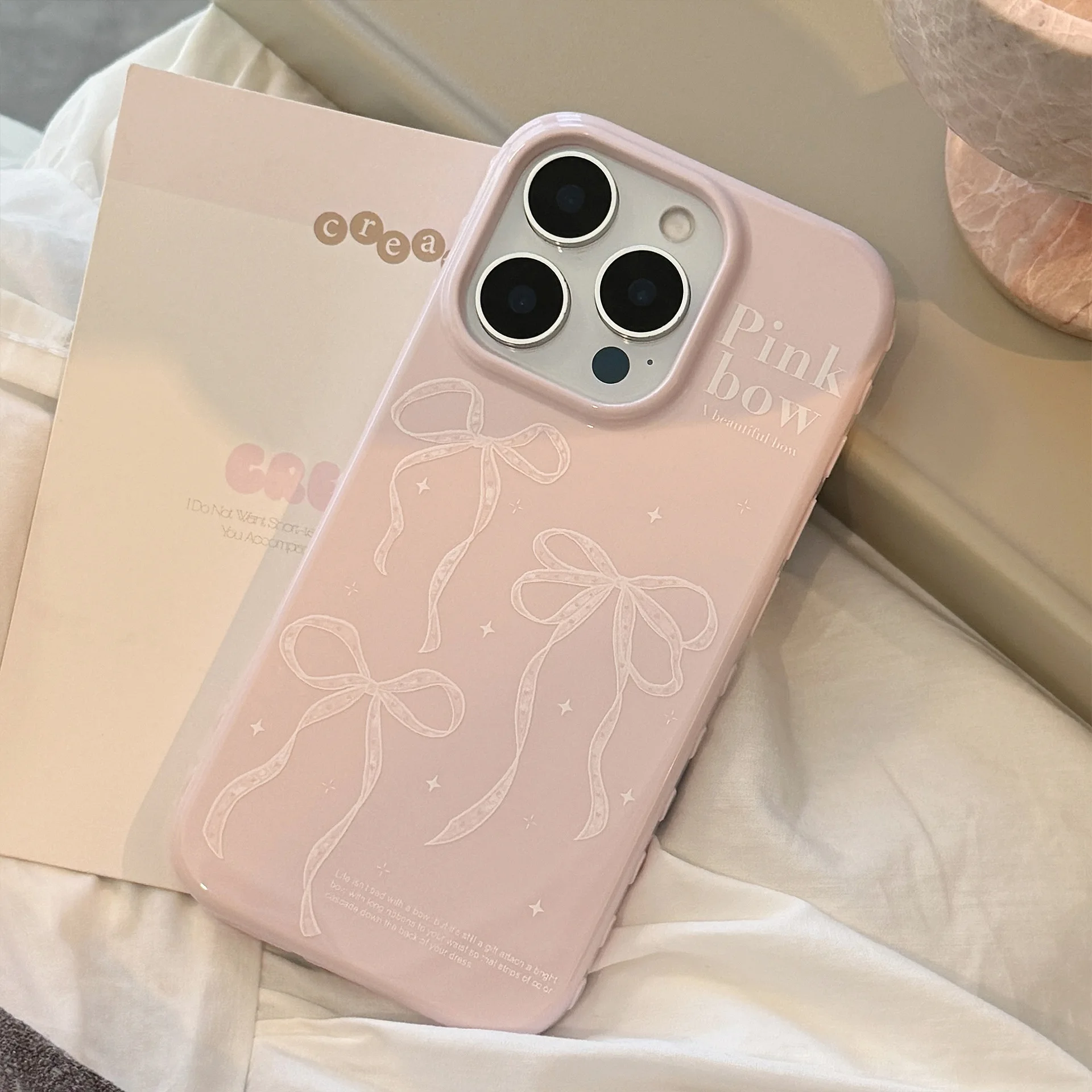 Koreanischer Stil, niedliches rosa Band, Schleife, weiche Handyhülle für iPhone 17, 16, 15, 14, 13, 12, Pro Max, stoßfeste Anti-Fall-Schutzhülle